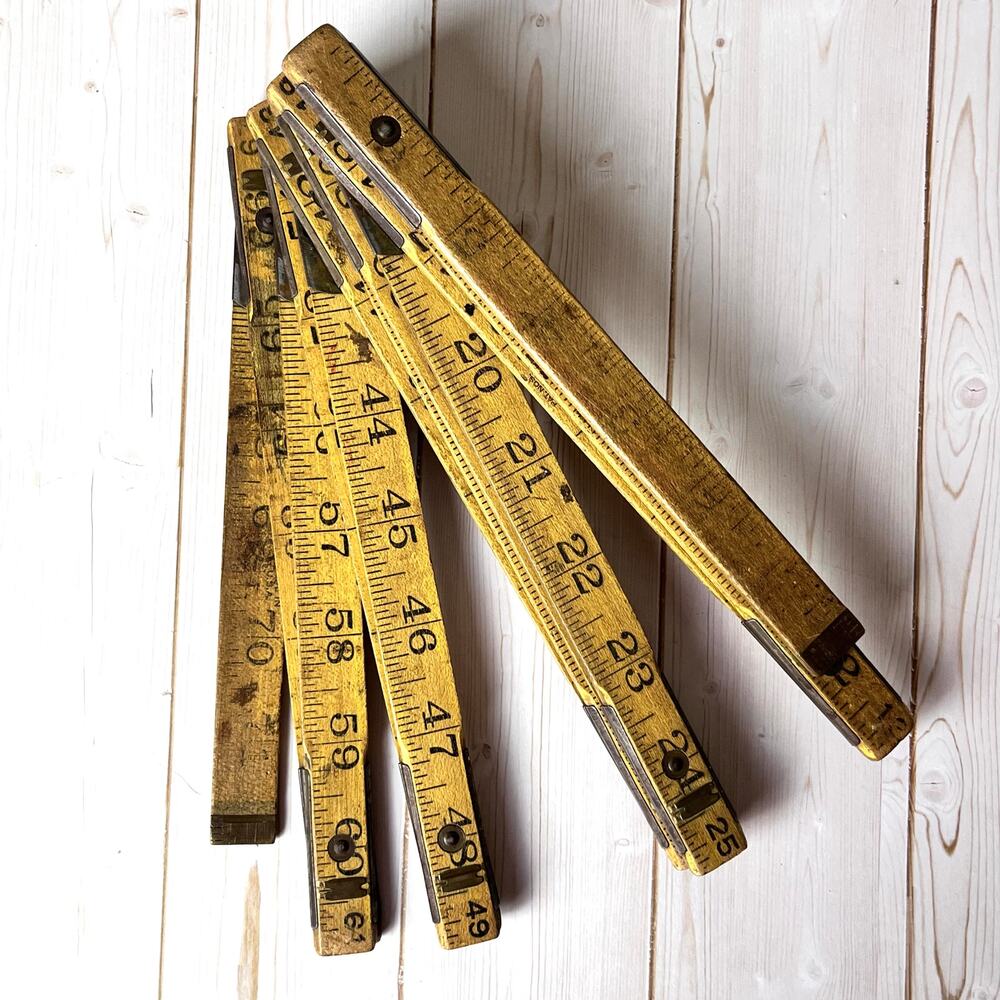 Vintage Lufkin Wood Folding Ruler Carpenter Made in USA Brass Hinges Slide Rule